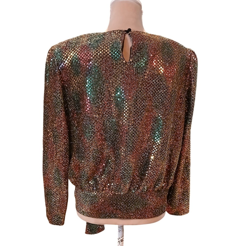 Vtg Another Thyme Medium Metallic Sequin Blouse Gold Multicolor Side Tie - READ - Picture 6 of 11